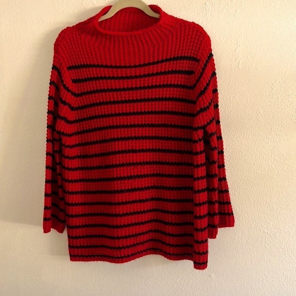 Studio JPR Red/ Black Striped Loose Knit Long Sleeve Funnel Neck Sweater Size XL